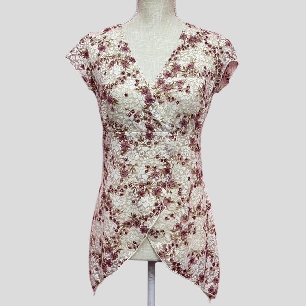 Vintage Vanity Coquette Sheer Lace Short Sleeve Top “large”
